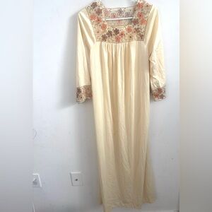 Vintage 70s Boho Prairie Lingerie Maxi Slip Dress Cream L Floral Embroidered